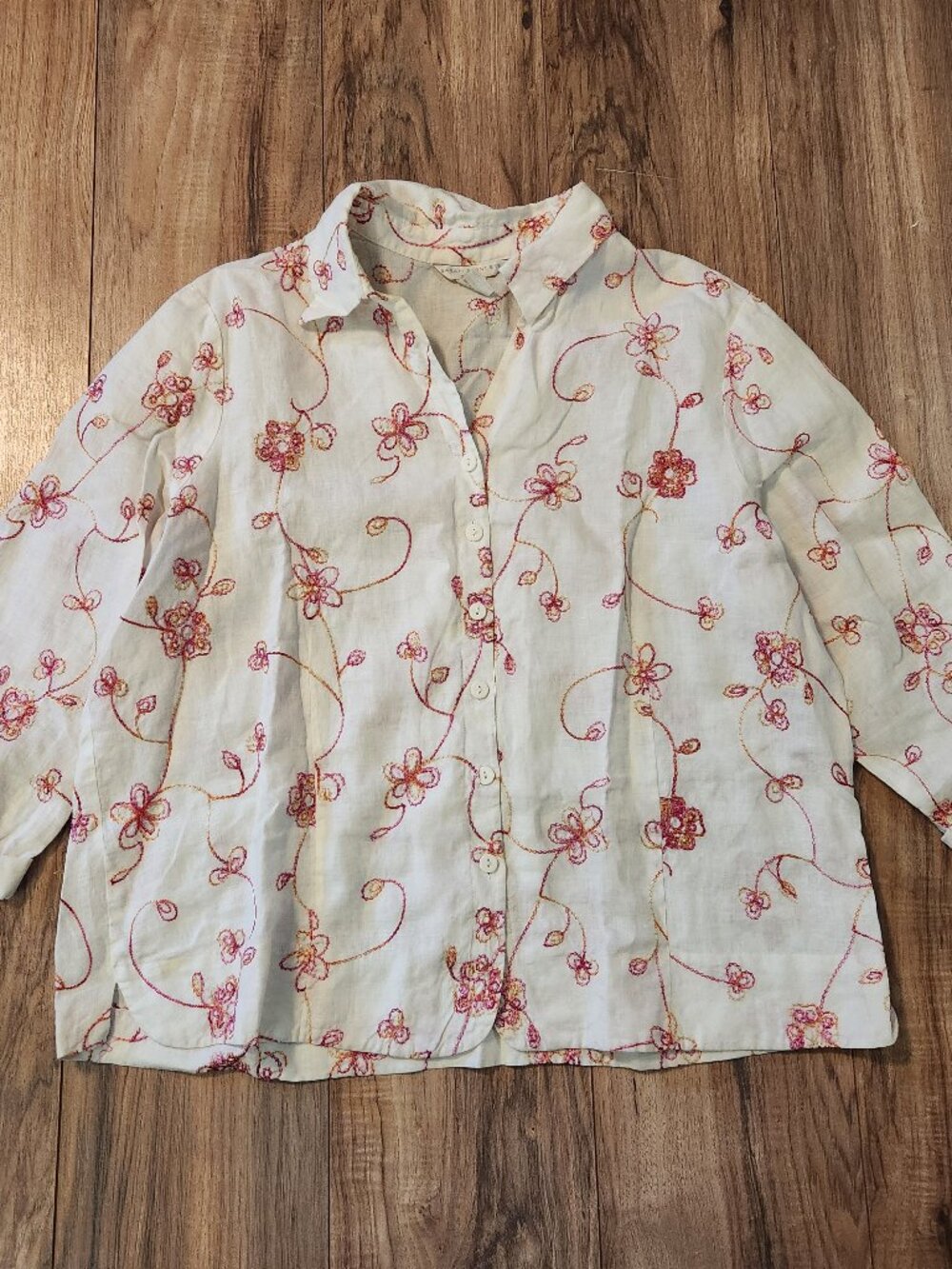 Sarah Spencer Womens 2X 100% Linen Button Embroidery Floral Top Shoulder Pads